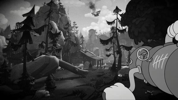 Screenshot from 'MOUSE: P.I. For Hire' showing a forest scene with a small plane overhead and a mouse holding binoculars.