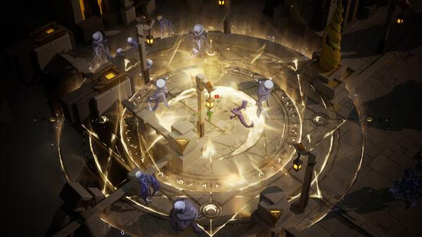 Screenshot from Torchlight: Infinite showing a mystical circular arena with glowing symbols and arcane figures surrounding the center.