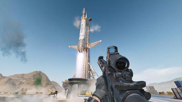 A Delta Force screenshot showing a player's view aiming a rifle at a rocket launching into the sky, set in a desert landscape.