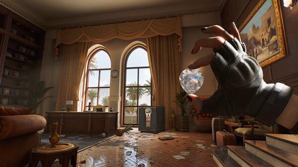 Delta Force screenshot: A gloved hand holds a shiny diamond in a luxurious room with large windows, a safe, and scattered debris.