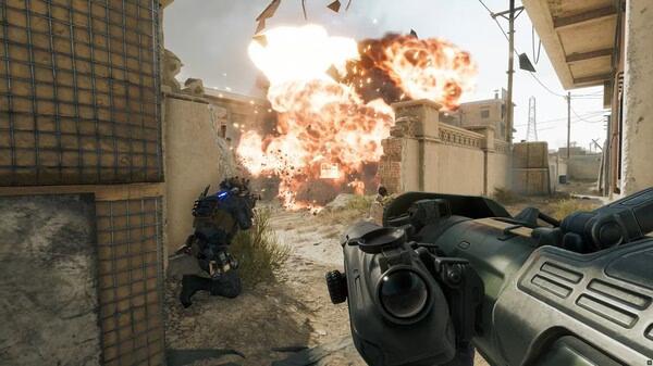 Screenshot from Delta Force showing a player aiming a weapon at a large explosion in an urban environment.