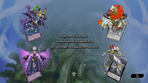 Screenshot of Yu-Gi-Oh! Master Duel showing four cards with detailed monster artwork and a tree background in a duel scene.