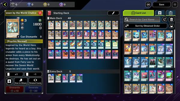 Screenshot of Yu-Gi-Oh! Master Duel showing a detailed deck editor with various cards displayed, including main and extra decks.