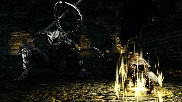 Screenshot from DARK SOULS™: REMASTERED showing a player character facing a large, armored demon with glowing effects.