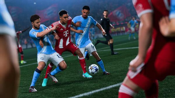 EA SPORTS FC™ 26 screenshot: Players from Manchester City and Bayern Munich compete for the ball in an intense match on the field.