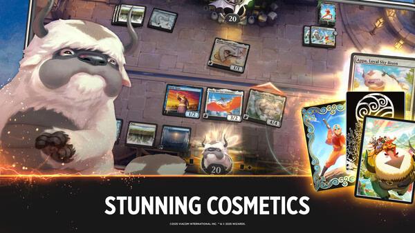 Screenshot of Magic: The Gathering Arena showcasing a match with cards, a creature, and promotional cosmetics on display.