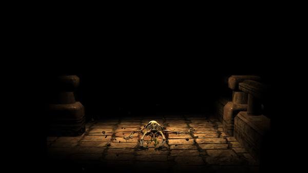Screenshot from Wizardry Variants Daphne shows a dark dungeon with a mysterious creature on a stone floor.