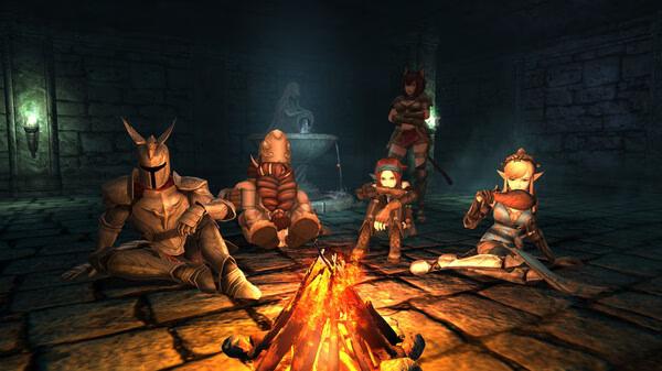 Screenshot from Wizardry Variants Daphne featuring five armored characters resting by a campfire in a dimly lit stone chamber.