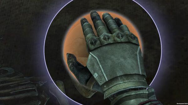A screenshot from Wizardry Variants Daphne showing a gauntleted hand touching a glowing orange orb surrounded by a faint circular aura.