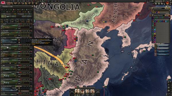 Hearts of Iron IV screenshot showing a map of East Asia, with troop movements and production interface on the left side.