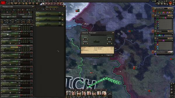 Hearts of Iron IV screenshot showing the production menu and a pop-up for creating a tank variant on the game map.