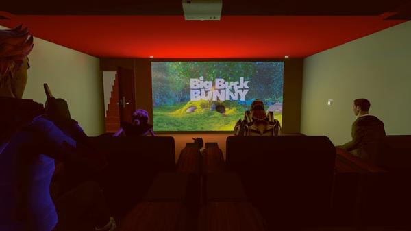 VRChat screenshot: Avatars sit in a virtual theater watching "Big Buck Bunny" on a large screen, surrounded by red and black decor.