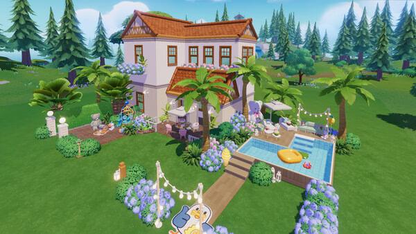 Screenshot from Heartopia showing a charming house with a pool, surrounded by lush greenery and decorated with string lights.