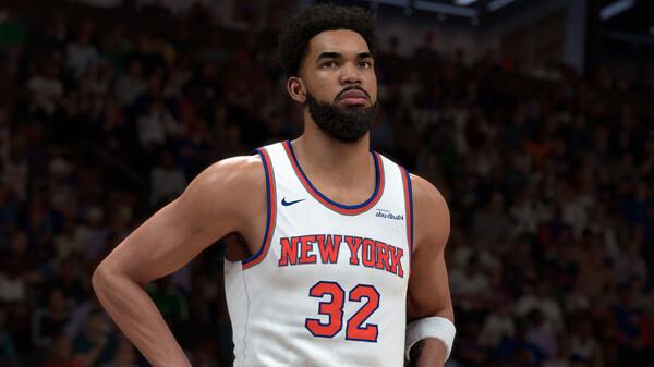 NBA 2K26 screenshot showing a basketball player in a New York jersey, number 32, standing on the court.