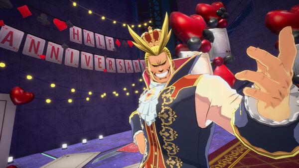 Screenshot from MY HERO ULTRA RUMBLE showing a character in a royal costume, with a "Half Anniversary" banner in the background.