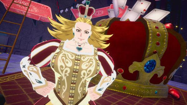 A screenshot from MY HERO ULTRA RUMBLE showing a character in a queen-themed outfit standing near a large red crown.