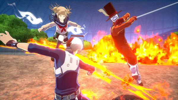 Screenshot from MY HERO ULTRA RUMBLE showing three characters in combat, with fiery explosions and dynamic action in the background.