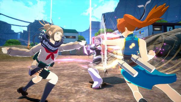 A dynamic MY HERO ULTRA RUMBLE screenshot shows three characters in action, striking and using powers in an outdoor arena.