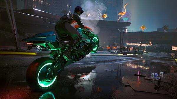 A screenshot from Cyberpunk 2077 showing a character riding a futuristic motorcycle in a neon-lit city at night.