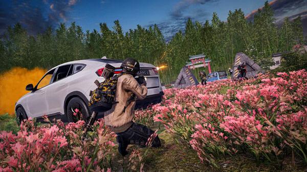 A PUBG: BATTLEGROUNDS screenshot showing a player crouching near a car in a field of pink flowers, engaging enemies in combat.