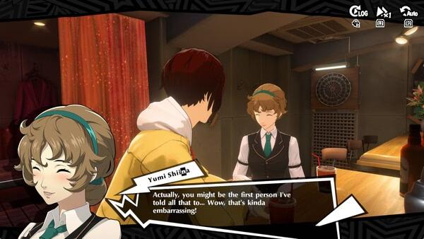 Screenshot from Persona5: The Phantom X showing a conversation in a cozy bar with characters in school uniforms.