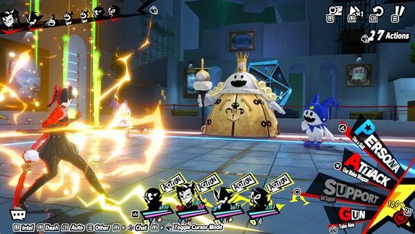 Screenshot from Persona5: The Phantom X shows a dynamic battle scene with a character attacking two whimsical enemies.