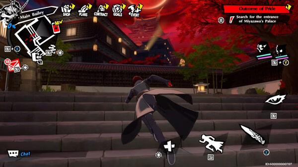 Screenshot from Persona5: The Phantom X showing a character running up stone steps toward a dark building under a red sky.