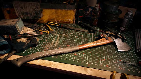 Dead Island 2 screenshot: A detailed workbench covered in tools and weapons, with a crafted axe labeled "Slider Must" prominently displayed.