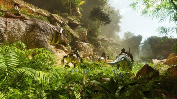 Screenshot from ARK: Survival Ascended showing players riding dinosaurs through a lush jungle landscape with bright green foliage.