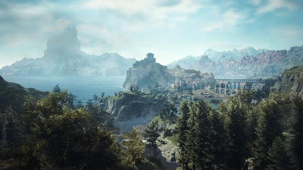 Screenshot from Dragon's Dogma 2 showing a vast landscape with a castle, forest, and mountains under a cloudy sky.