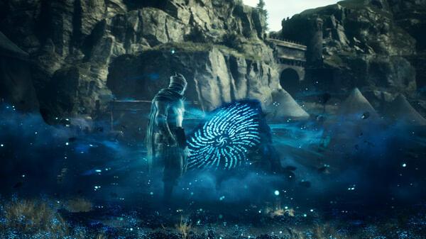 Screenshot from Dragon's Dogma 2 showing a cloaked figure near a glowing blue spiral in a rocky landscape.