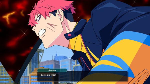 SUPER ROBOT WARS Y screenshot: A character with pink hair, Gauma, energetically shouts "Let's do this!" against a fiery sky backdrop.