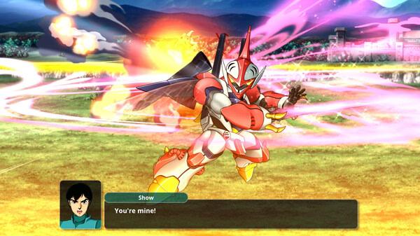 SUPER ROBOT WARS Y screenshot: A red and silver robot unleashes a powerful energy attack in a vibrant landscape.
