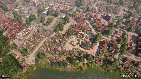 A screenshot from Farthest Frontier showing a vibrant medieval town with detailed buildings, pathways, and lush greenery near a river.