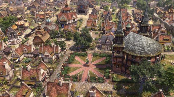 A screenshot from Farthest Frontier showing a vibrant medieval town with detailed houses, a central plaza, and a large church.