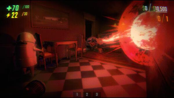 Screenshot of R.E.P.O. game showing a dimly lit room with a red energy blast and game stats visible on the screen.