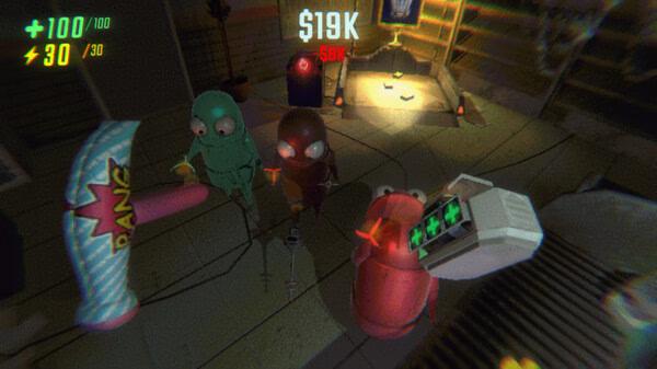 R.E.P.O. screenshot: Three colorful alien characters stand in a dimly lit room with a large, cartoonish hammer nearby.