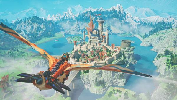 Screenshot from Monster Hunter Stories 3: Twisted Reflection showing a flying dragon approaching a majestic castle in a scenic landscape.