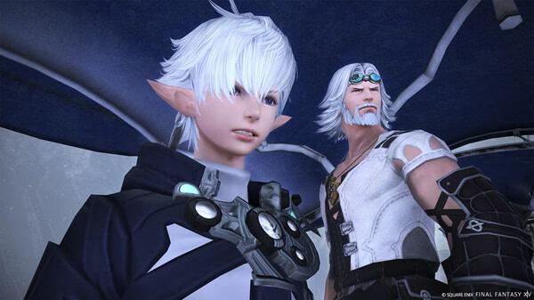 Screenshot of FINAL FANTASY XIV Online showing two characters with white hair and detailed costumes under a canopy.