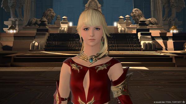 Screenshot from FINAL FANTASY XIV Online showing a character in a red and gold outfit standing in an ornate hall with lion statues.