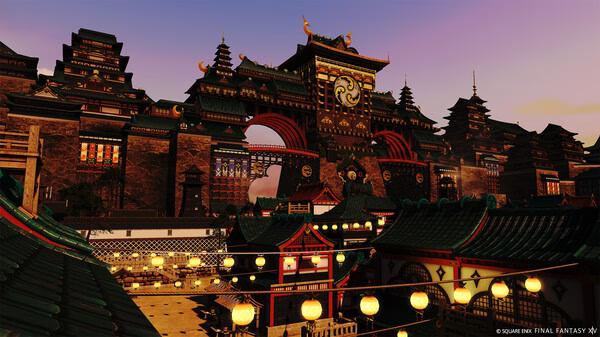 A FINAL FANTASY XIV Online screenshot showing a detailed, ornate cityscape with lanterns and a large, intricate gate at sunset.