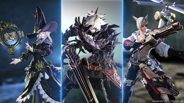 Screenshot from FINAL FANTASY XIV Online showing three characters in detailed gear: a mage, a dark knight, and a machinist.