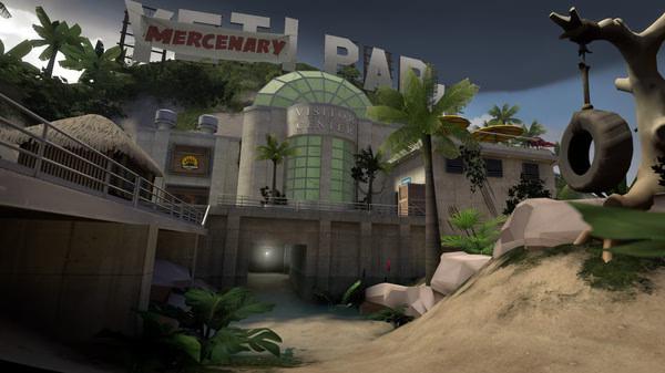 Team Fortress 2 screenshot of the Yeti Park map, showing the Visitor Center entrance surrounded by lush vegetation and signage.