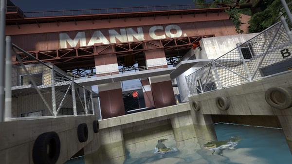 Screenshot of Team Fortress 2 showing the exterior of a Mann Co. building with a waterway and crocodiles below.