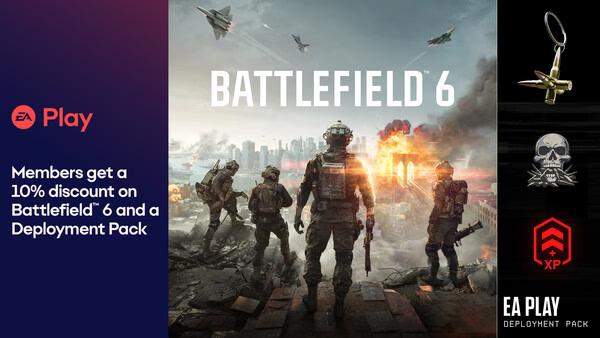 EA Play screenshot: Soldiers stand on a battlefield with explosions in the background, promoting Battlefield 6 and special offers.