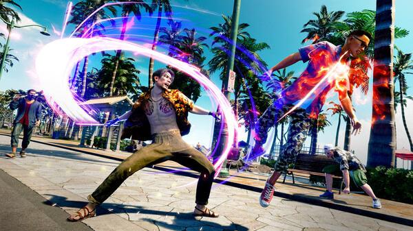 Screenshot from Like a Dragon: Pirate Yakuza in Hawaii showing a street fight with vibrant energy effects amidst palm trees and a sunny backdrop.