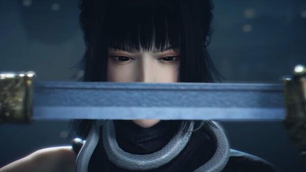 Screenshot from Where Winds Meet showing a character holding a sword with a detailed golden hilt in a dimly lit scene.