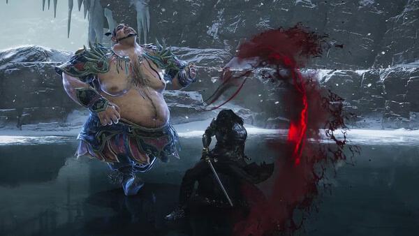 Screenshot from "Where Winds Meet" showing a battle between a heavily armored warrior and a large, armored figure in an icy cave.