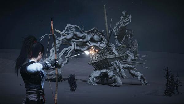 Screenshot from "Where Winds Meet" showing a character aiming a bow at a ship entwined with mystical tree roots.