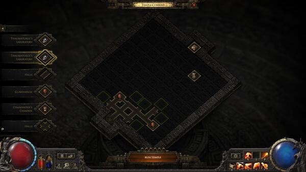 Path of Exile 2 screenshot: A dungeon map interface showing routes and rooms, with player icons and skill buttons visible below.